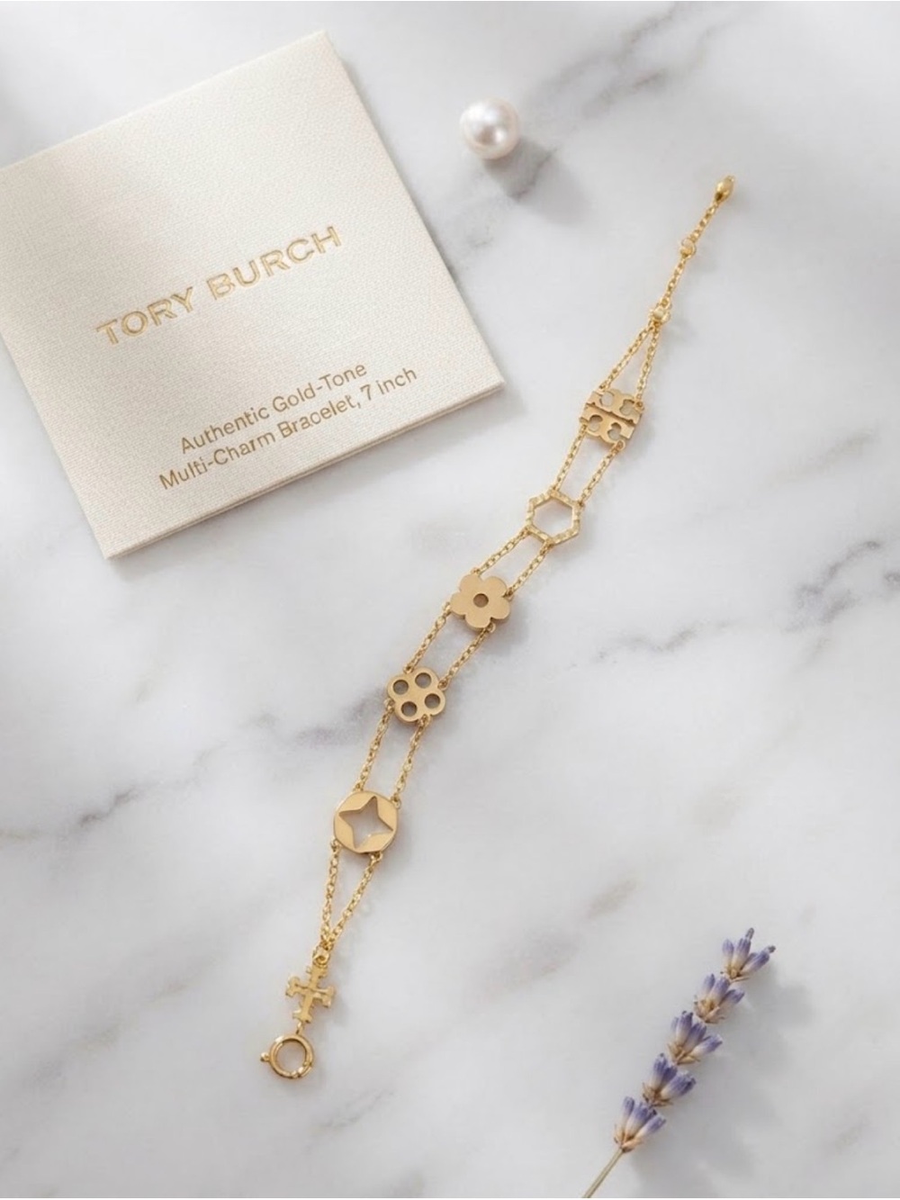 Tory Burch Gold-Tone Multi-Charm Double Chain Bracelet 7”.